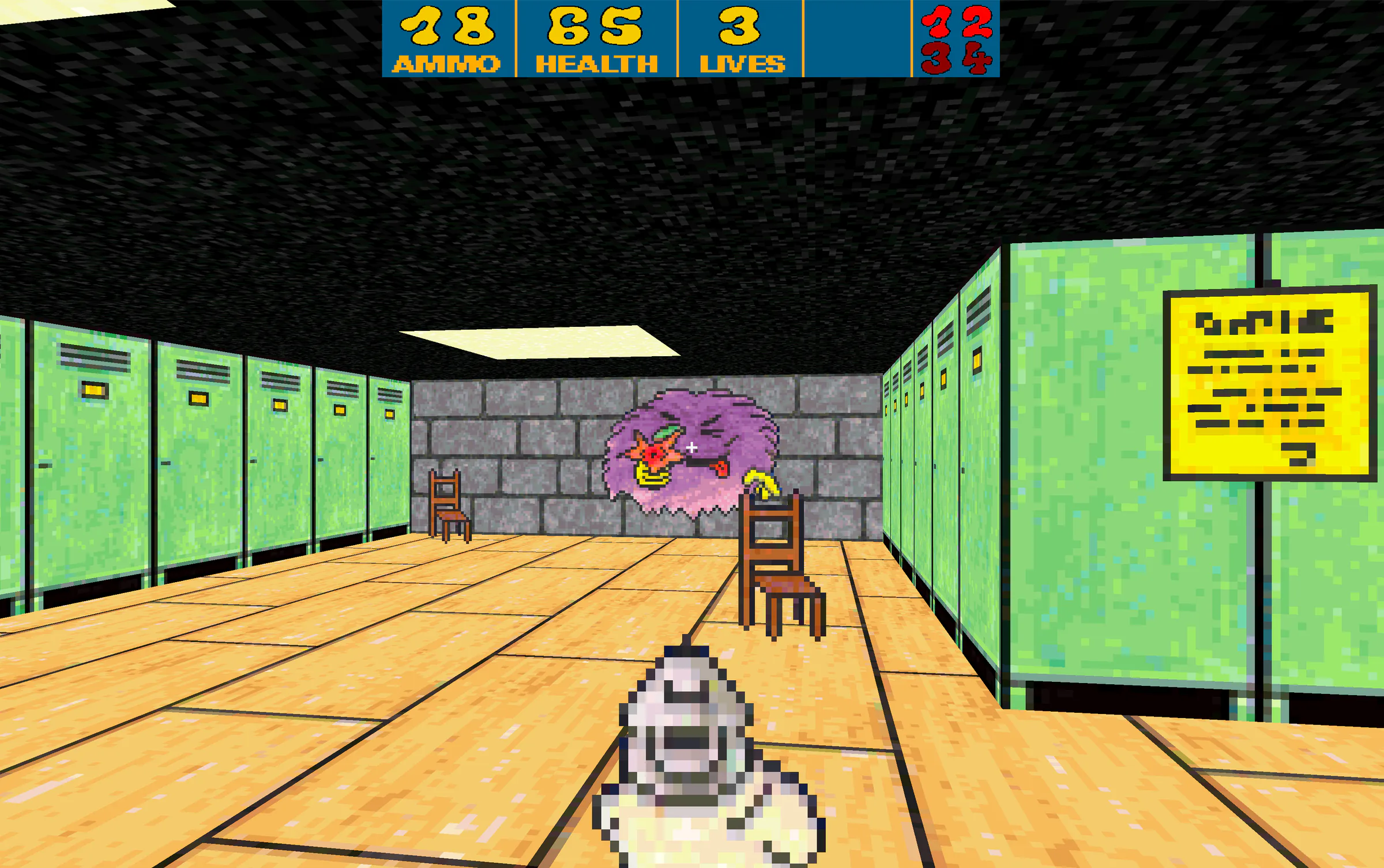 Bad Toys 3D running in the port: a locker room with green lockers and wooden chairs, with ammo, health and lives along the top
