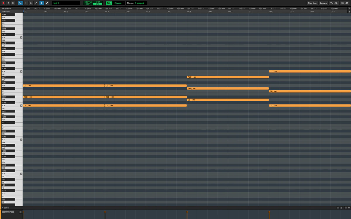 The MIDI Editor window showing chords on an instrument track as a piano roll, each note labelled with its pitch and velocity, above a velocity lane