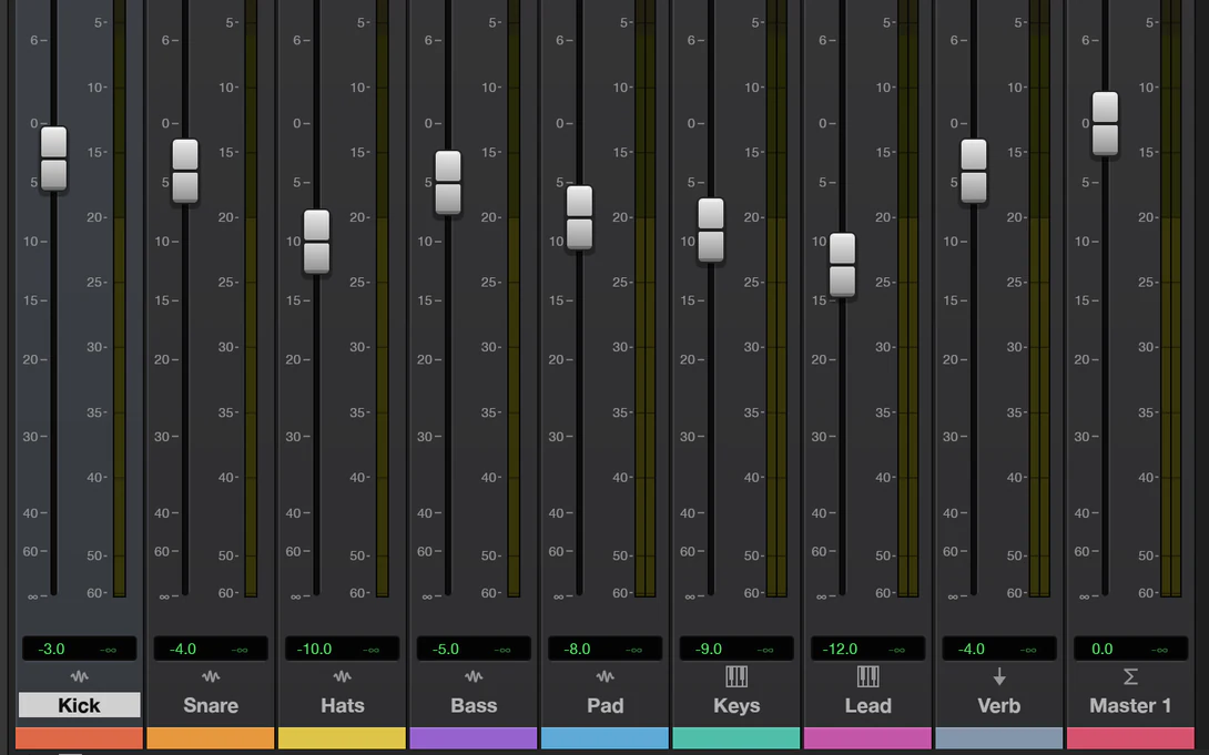 Faders, meters and coloured name strips for nine tracks in the Mix window